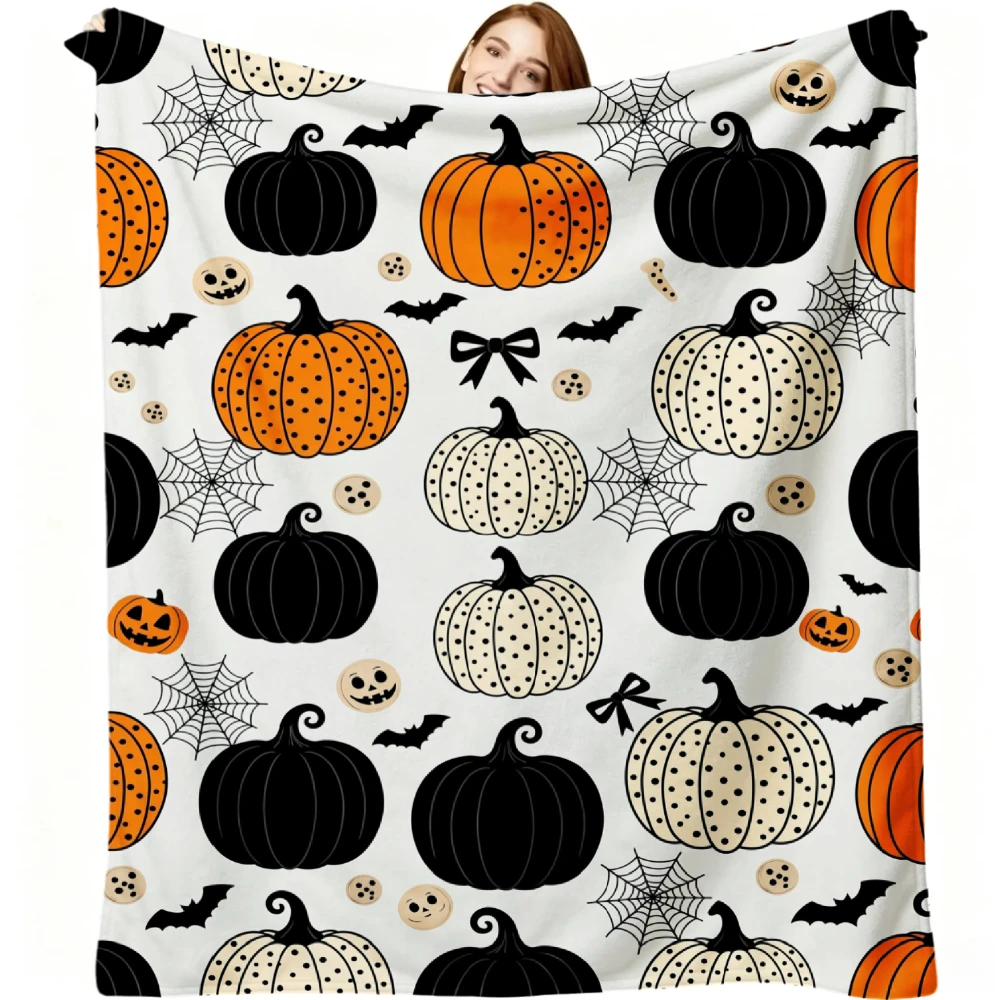 1pc Halloween Pumpkin Bat Spider Web Print Flannel Blanket Soft Comfortable Warm Bed Cover Autumn Winter Season Home Sofa Bedroom Decor Halloween Thanksgiving Christmas Festival Gift