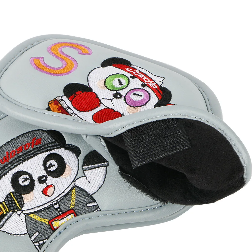 9 Pcs Golf Iron Headcover Cartoon Panda Embroidery 16*9cm PU Leather Protect Golf Club with Hook&Loop Design Water-Proof Durable