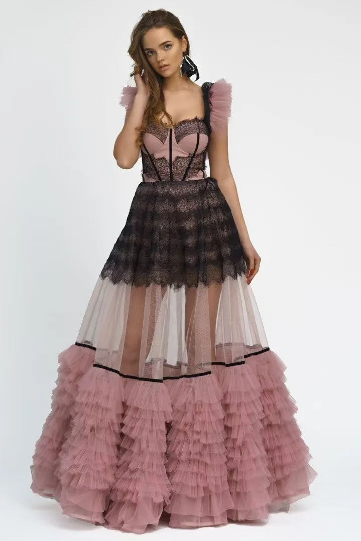 Vestidos de fiesta de tul negro y rosa polvoriento, vestidos de fiesta con apliques transparentes de encaje para mujer, corsé de línea A, vestido de mujer en capas hecho a medida