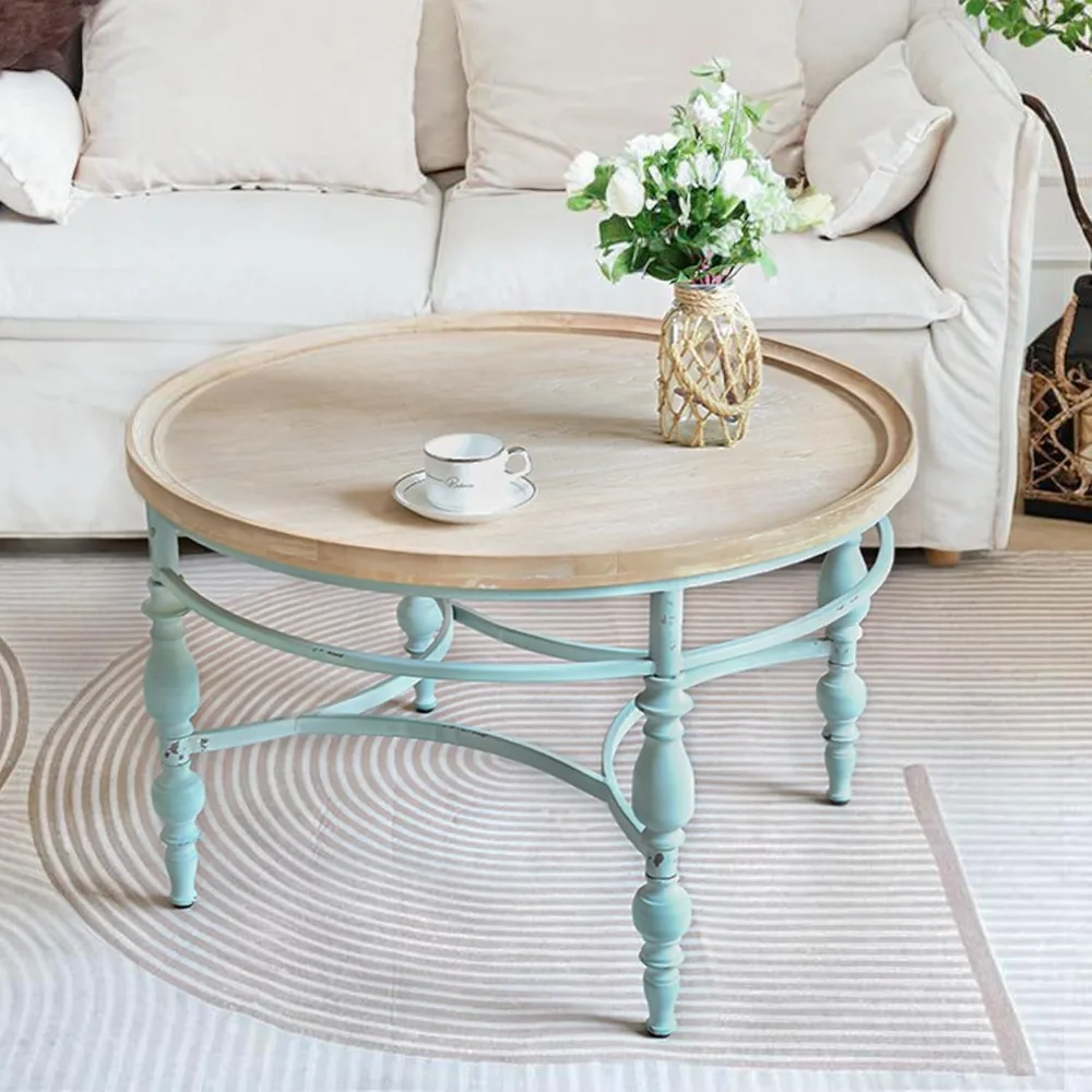 

Rustic Farmhouse Round Coffee Table, French Country Vintage Center Table,φ31.5'' x18.9''H Rustic Solid Wood with Vintage Iron Le