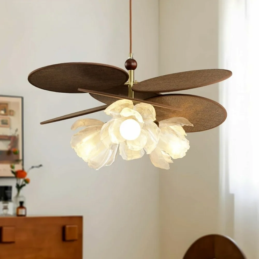 Petal chandelier American retro designer art restaurant light wabi sandy wind raffia rattan dining room lamp diameter 58cm