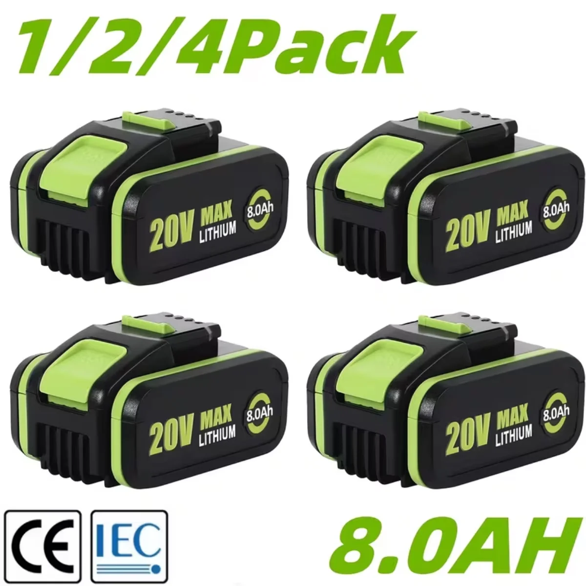 1/2/4PACK WA3553 20V 8,0Ah Ersatz für Worx WA3014 WA3551 WA3556 WA3570 WA3572 WA3641 RW9351.1 Lithium-Ionen-Akku, kompatibel