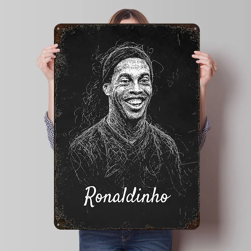 Ronaldinho Portrait - White Sketch Metal Poster Customized Wall Art Retro Vintage Tinplate Signs for Living Room Decoration Home