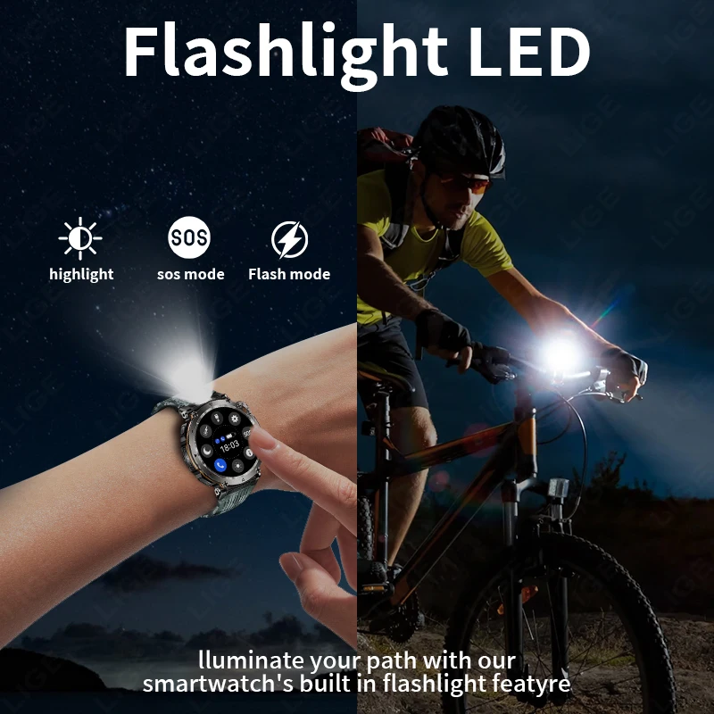 LIGE Smart Uhr Männer 600 mAh Batterie LED Taschenlampe Bluetooth Anruf Kompass Uhr Herzfrequenz Gesundheit Wasserdichte Sport Smartwatches