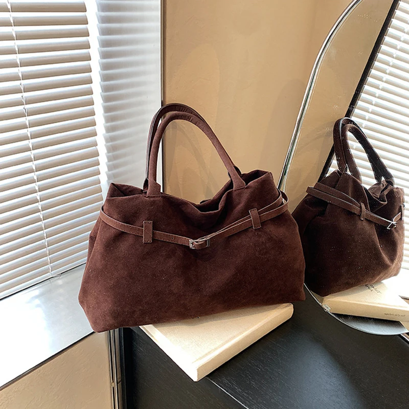 Schnalle Dekoratives Design Solide Faux Wildleder Handtasche Große Kapazität Haspe Casual Tote Heißer Verkauf Taschen für Frauen Bolsas Femininas – Detail 10