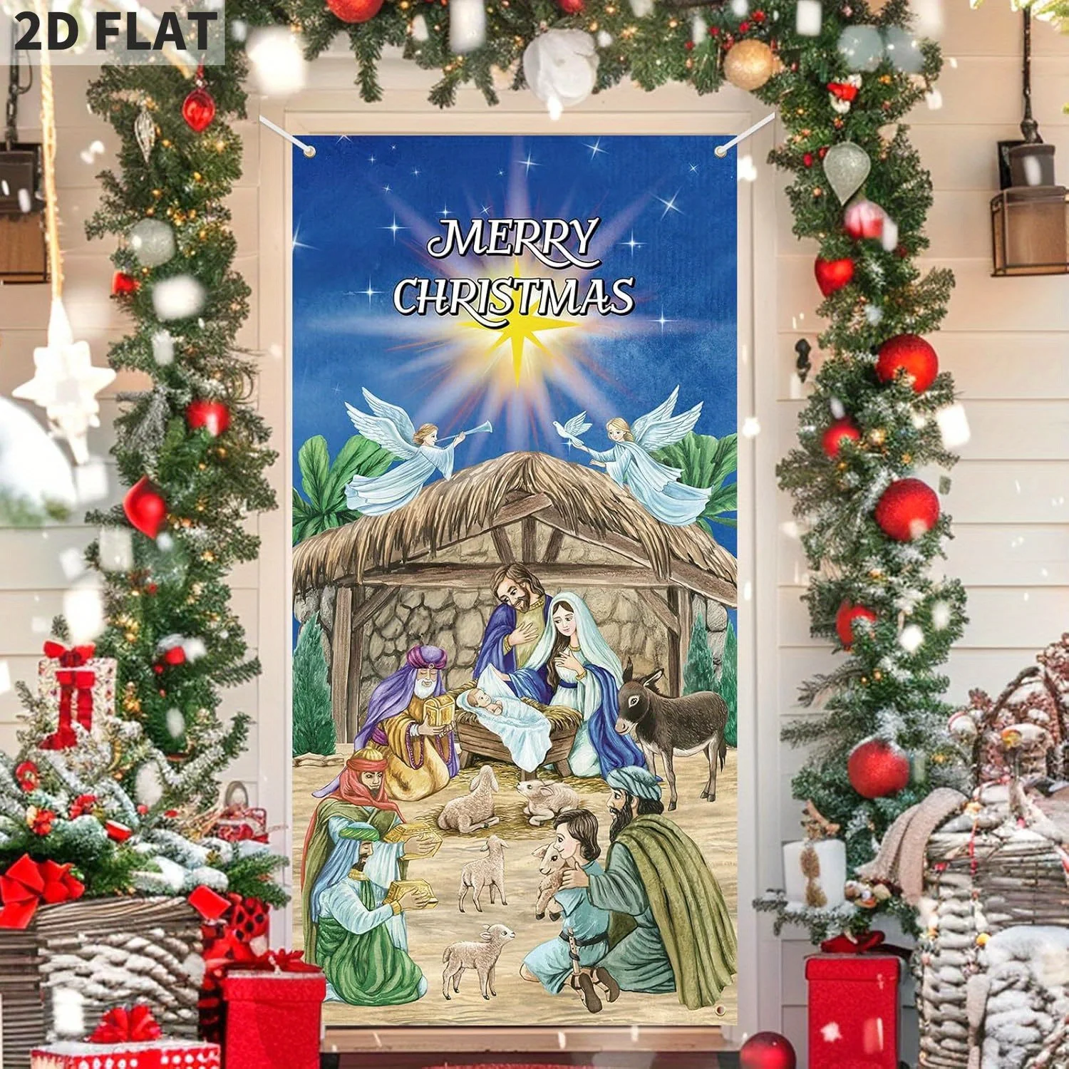 

Christmas Door Cover Nativity Scene Front Door Banner Jesus Porch Sign Holy Night Religious Backdrop Christmas Door Decorations