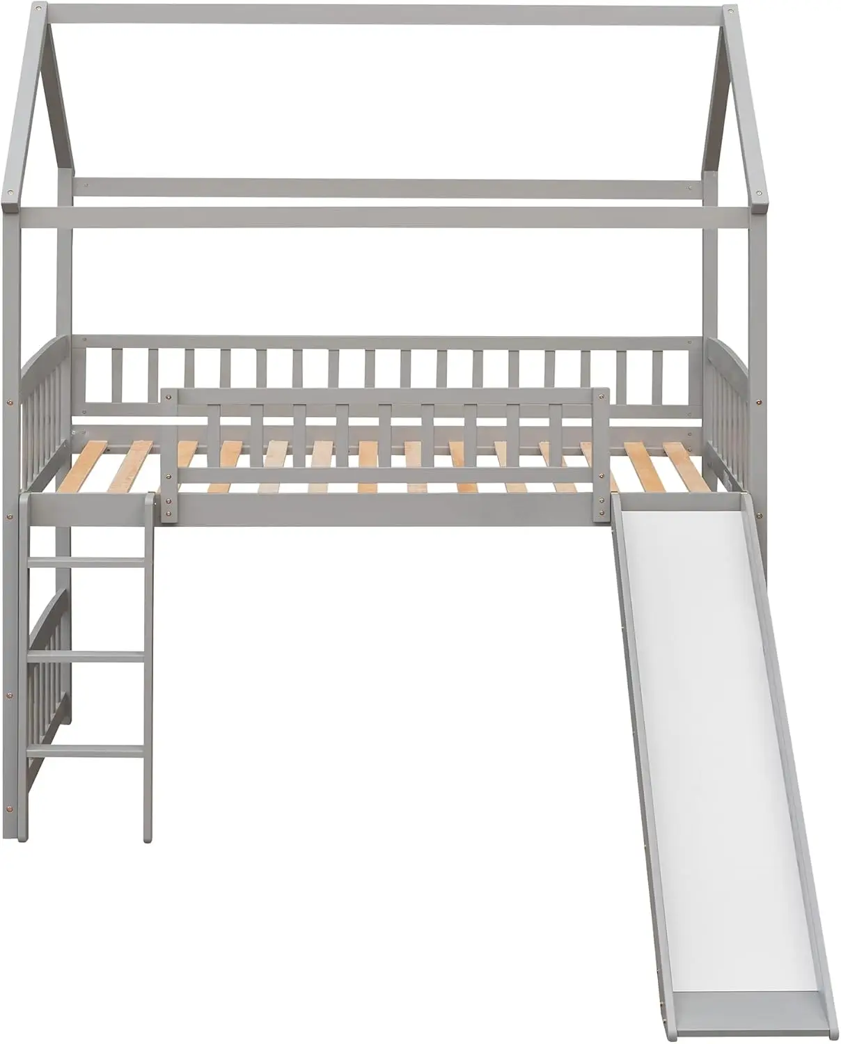 House Loft Bunk Bed With Slide No Box Spring Needed For Teens, Girls Or Boys, Twin, Gray