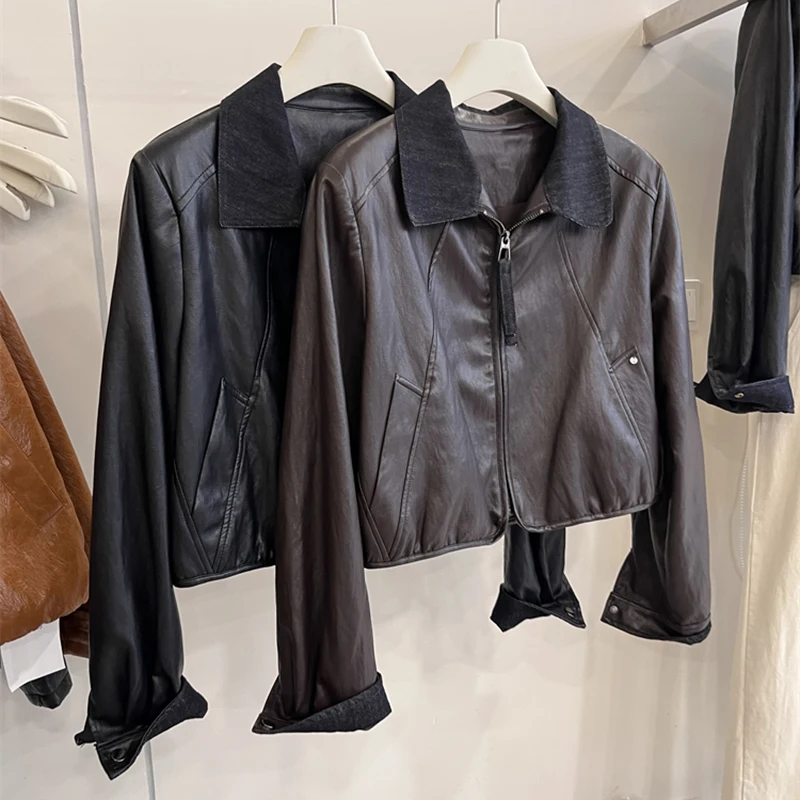 女性ショートレザージャケット新作春秋ターンダウンカラージッパースタイルヴィンテージ多用途カラーブロッキングソフトブラウンPUコート