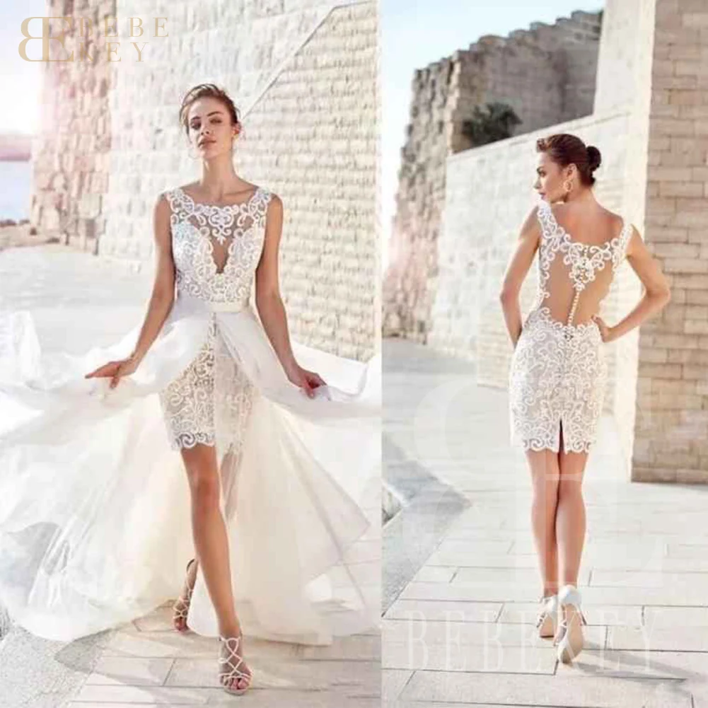 

BEBEKEY Short Lace Wedding Dress with Detachable Train Customized Prom Party Dress for Women Evening Gown Cocktail Gowns Robe