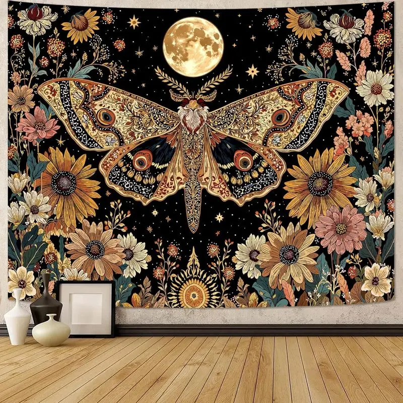 VIKAMA Vintage Celestial Black Background Tapestry Moth Wildflower Starry Sky Print Wall Hanging Dark Aesthetic Dorm Decor Cloth