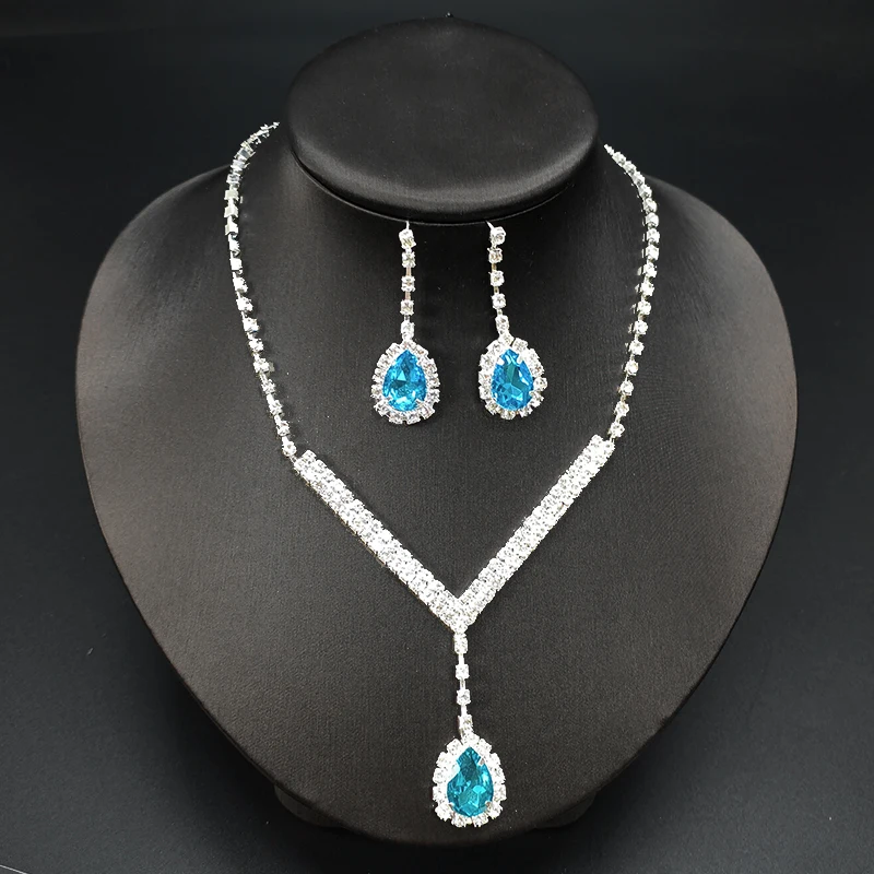 Fashion Romantic Blue Crystal Jewelry Set Wedding Banquet Birthday Accessories Women Elegant Luxury Jewelry Necklace Earring Set