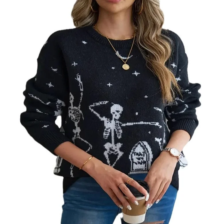 Nowy damski sweter z dzianiny z motywem czaszki na Halloween, wzór głowy, wkładany przez głowę, regularny krój, cienki, na sezon jesienny.