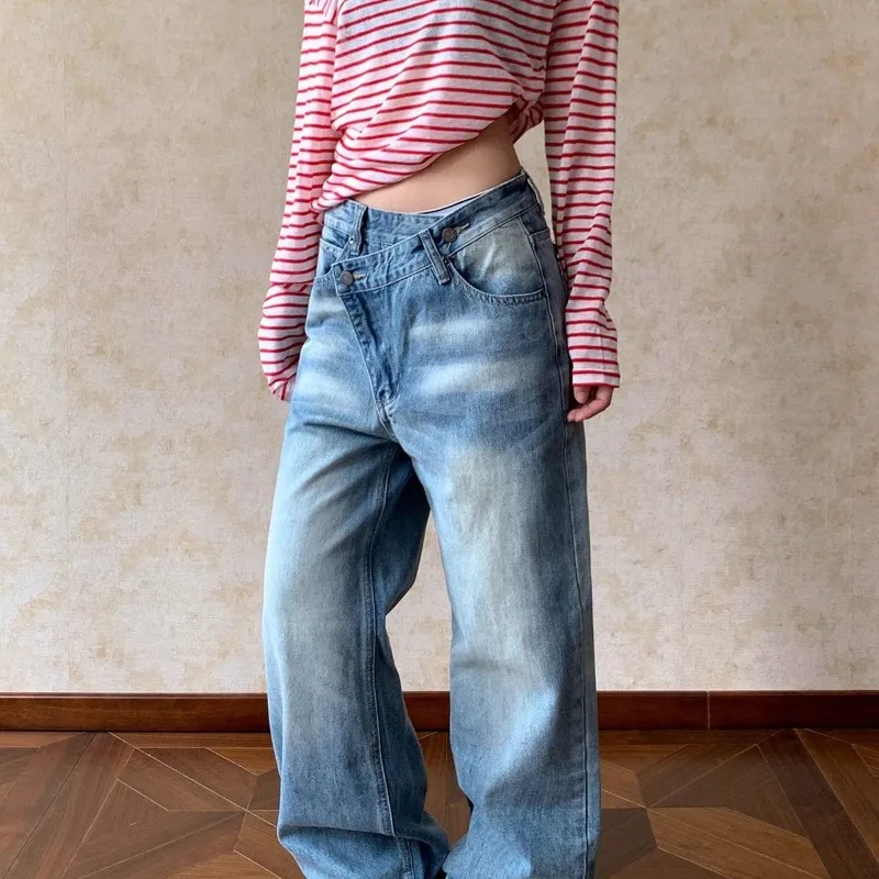

Deeptown Blue Vintage Women Jeans Washed Irregular Harajuku Wide Leg American Style Baggy Straight Denim Trousers Basic Casual