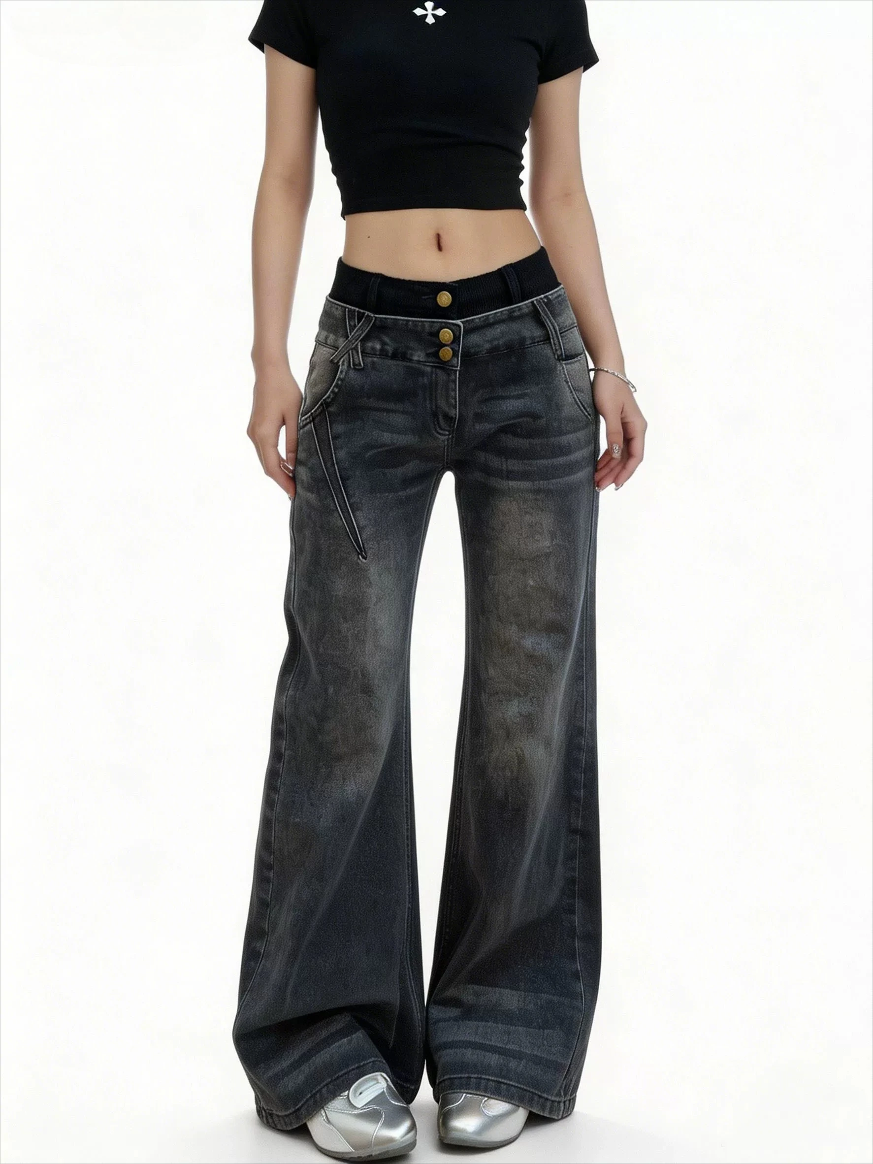 Y2K American Washed High Waist Flare Jeans for Women Slim Floor Long Denim Pants Fashion Design All-Match Daily Streetwear Jeans