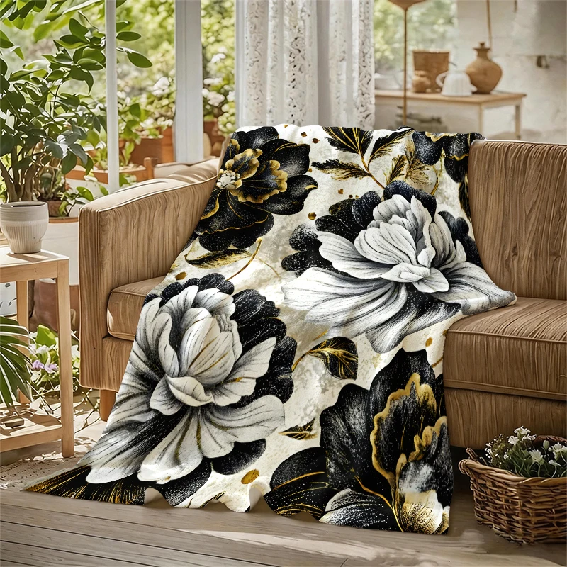 White Black Gold Florals Flannel Blanket Soft Warm Christmas Halloween Blanket for Lightweight Cozy Room Home Decor Gifts