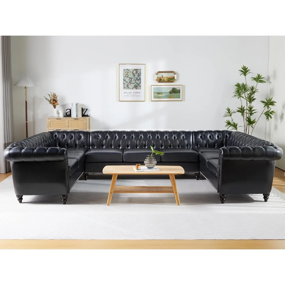 

U Shaped Large Sectional Sofa, Chesterfield Leather Faux Couch Tufted Accent Sofa with Scroll Arms and Nailhead for Living Room,