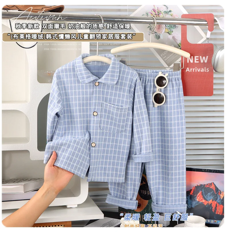 Langarm-Langhosen-Mädchen-Pyjama, kariertes Loungewear-Set, Herbst-Winter-Loungewear, dickes zweiteiliges Set, Pyjama mit Kragen für Kinder und Jungen – Detail 10