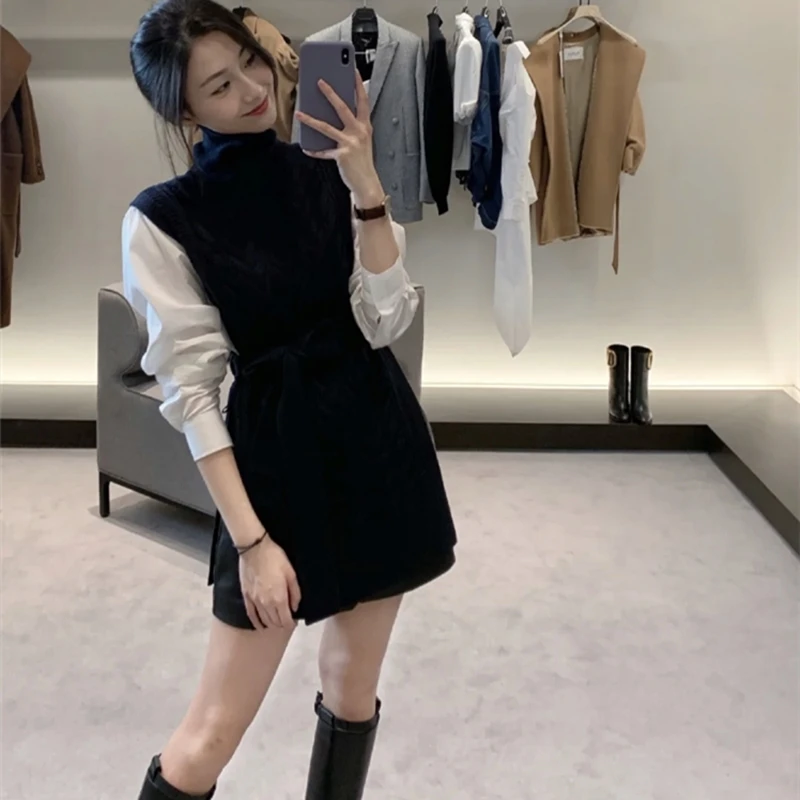 

Autumn Winter High Ne Knitted Dr Vest Turtlene Long Sve Belted Svel Warm Cozy Faionable Women's Sweater Vest