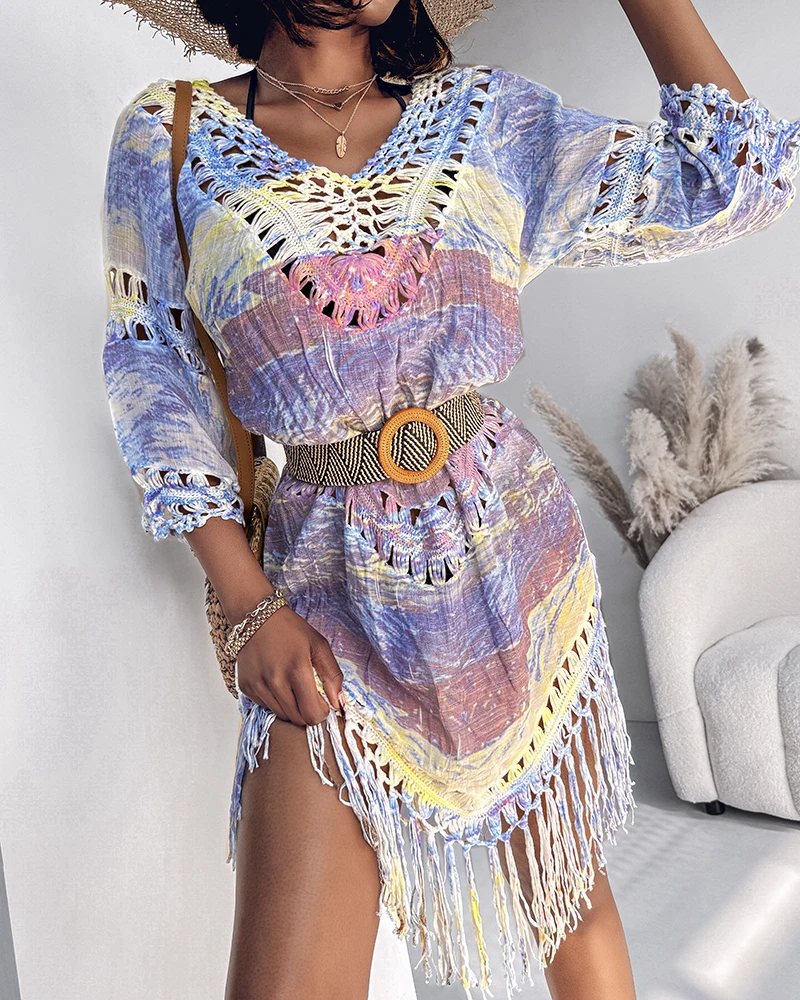 Womens Dresses 2025 Spring Fashion Colorful Knit V-Neck Three Quarters Sleeve Cover Ups Dress Casual Hollow-Out Tassel Hem Dress