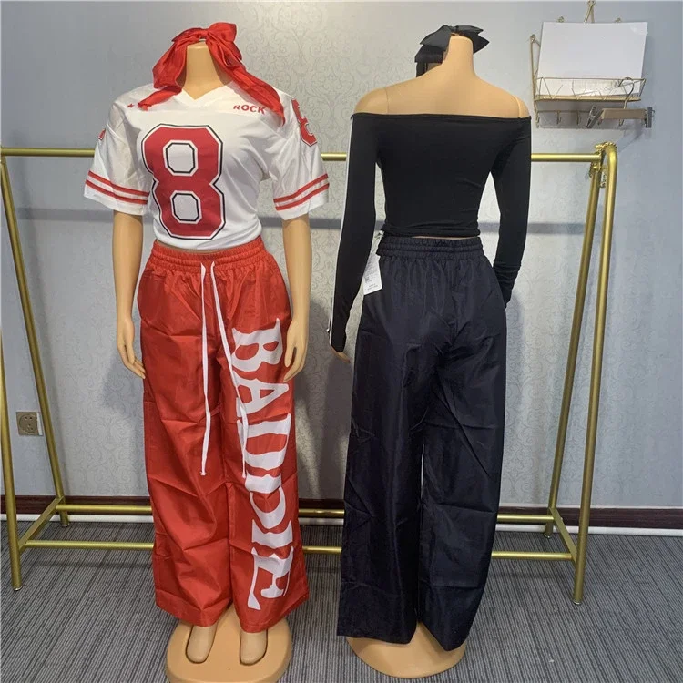 New Casual Three Piece Sets For Women Number Print Sports T Shirt + Baggy Pants Outfits Female Tracksuit