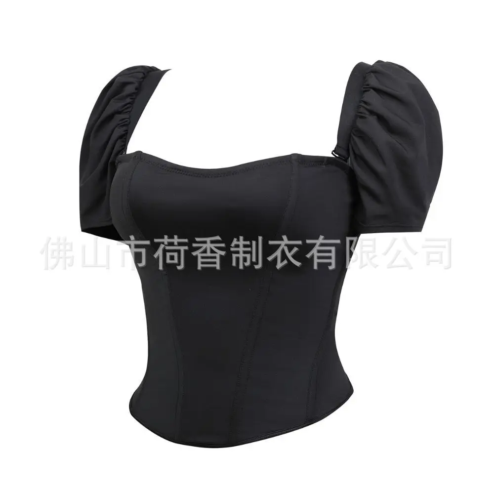 وسادة صدر سوداء جديدة لعام 2025 بأكمام فقاعية قابلة للإزالة بكلمة واحدة مشد خصر على الكتف ملابس داخلية ضيقة على شكل عظمة السمكة #2