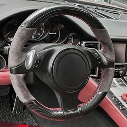 DIY Car Steering Wheel Cover Hand-Stitched Anti-slip Black Carbon Fiber Suede For Porsche Cayenne Panamera 2010 2011 2012