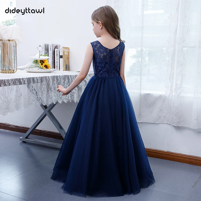 Dideyttawl Customized Navy Blue Lace Tulle Sleeveless Flower Girl Dresses Princess O Neck Long Kid Birthday Pageant Party Gowns