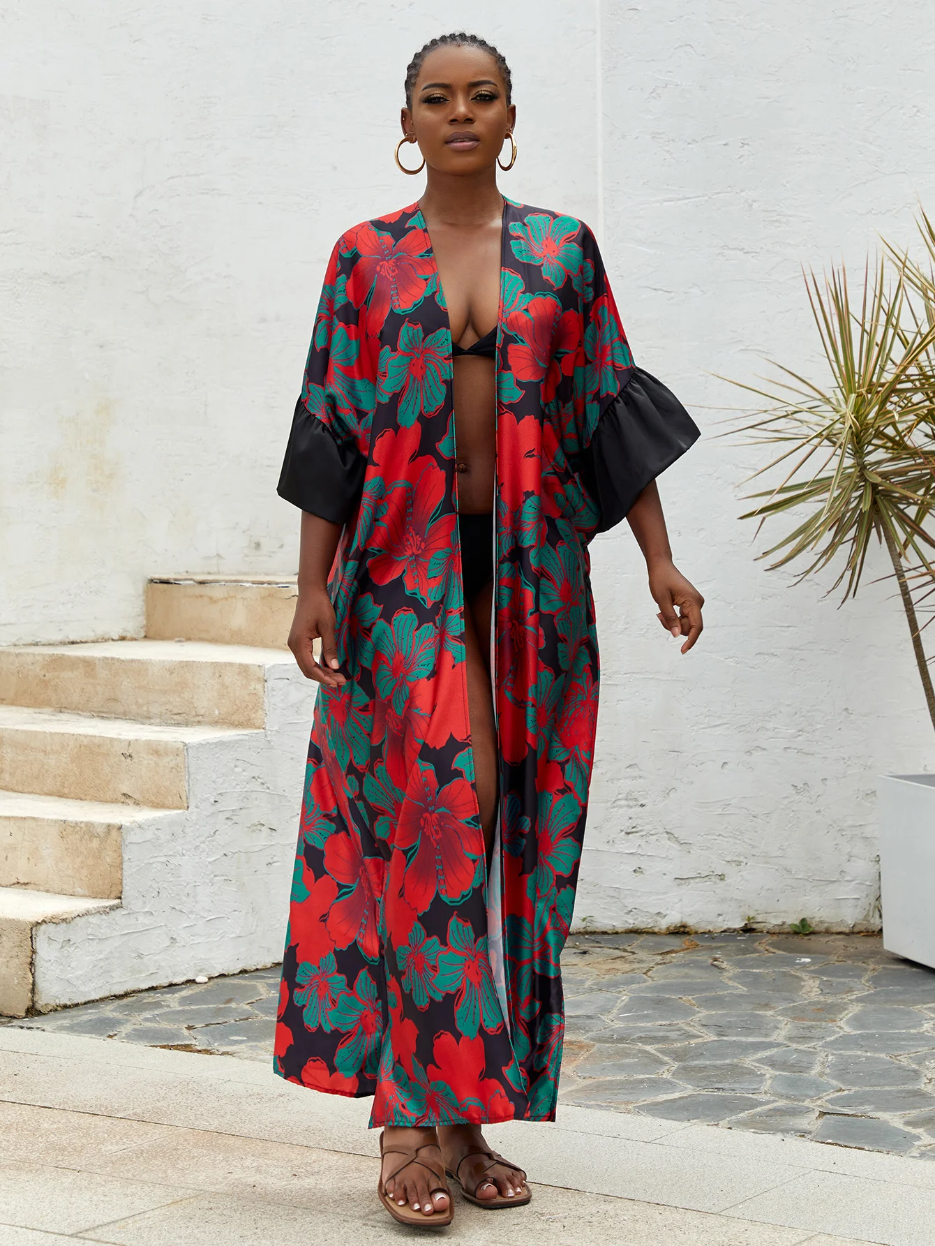 Plus Size Boho Kimono, damskie Plus nadruk lotosu kontrastowe wiązanie z długim rękawem z odkrytym przodem Kimono