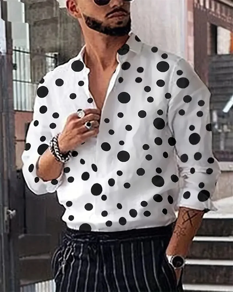 2024 Men\'s Long Sleeves Shirt Tops Polka Dot Lapel Long Sleeve Clothing Regular Fit Polka Dot Print Button Men\'s Casual Shirt