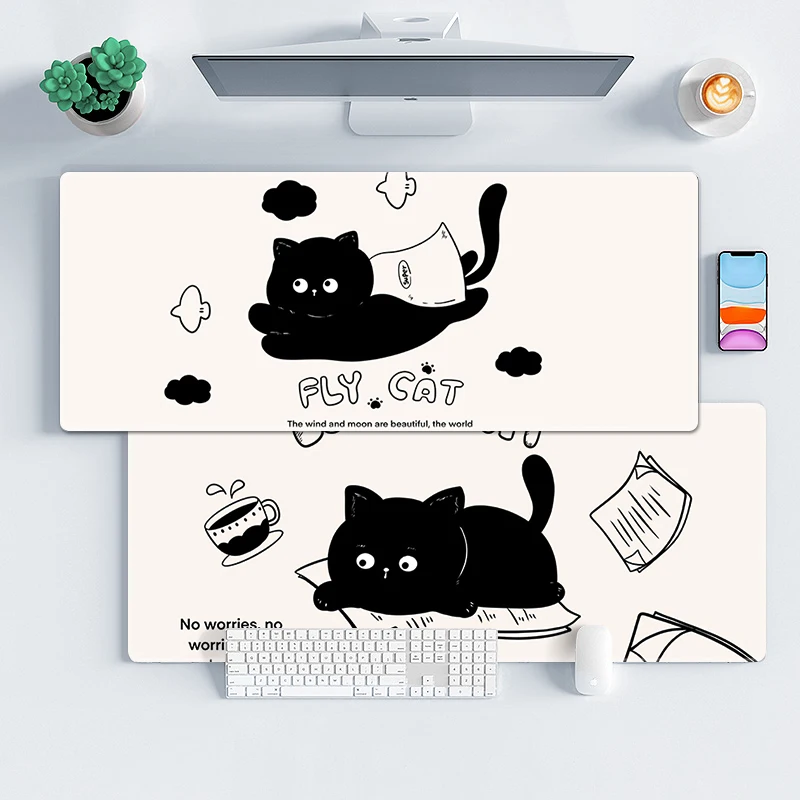 

Black Cat Anti-slip Mouse pad Large Desk Mouse Mat Lovely Natural Rubber Stitched Edge Large mouse Pad XL Keyboard Pad Table Mat