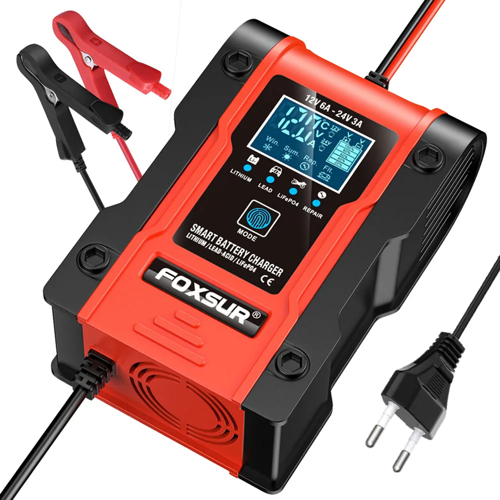 FOXSUR 12V 24V 6A Automatic Smart Battery Charger, 7-stage Car Battery Charger for GEL WET AGM 12.6V Lithium LiFePO4 LiPo