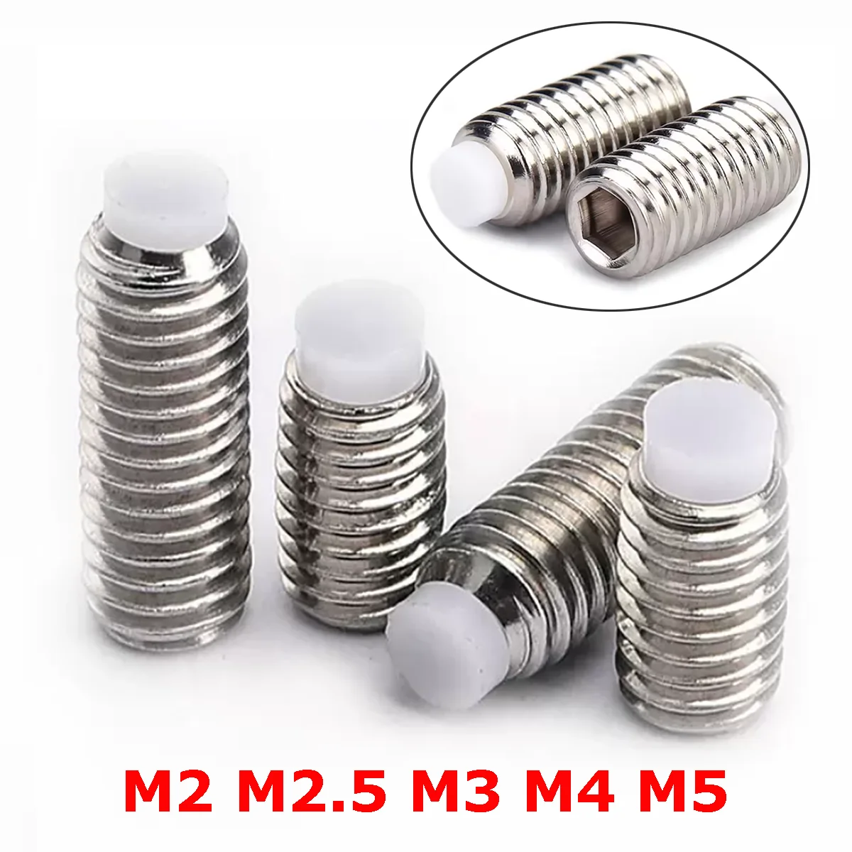 M2 M2.5 M3 M4 M5 304 Edelstahl Sechskant-Innensechskantschrauben mit Kunststoff-Nylonspitze, kopflose Gewindestifte L=3-60mm