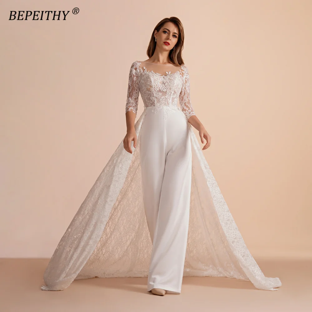 BEPEITHY Aangepaste Scoop Halve Mouwen Kant Bruiloft Jurk 2023 Voor Vrouwen Lange Afneembare Rok Avond Prom Dress Jumpsuite