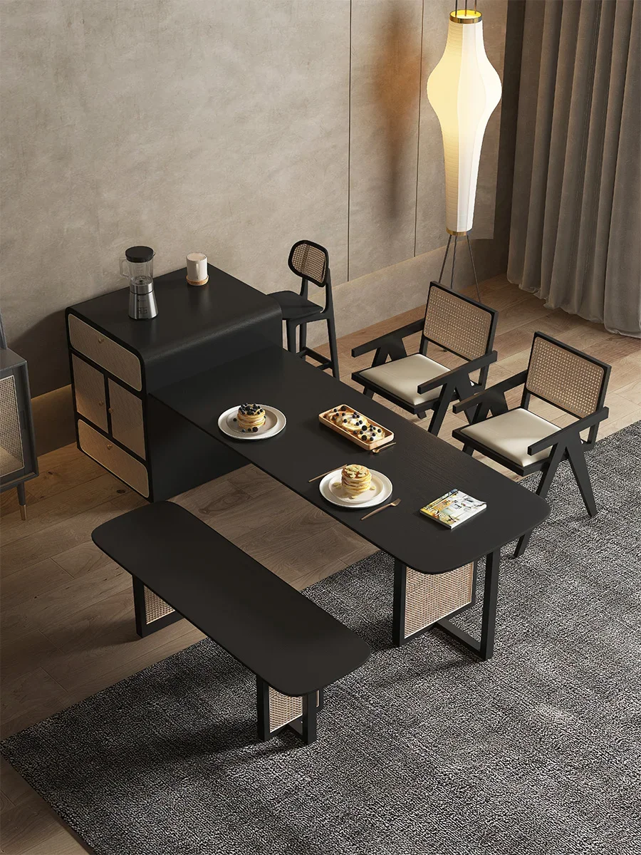 

Rattan solid wood island dining table integrated multi-functional retractable dining table household small apartment space