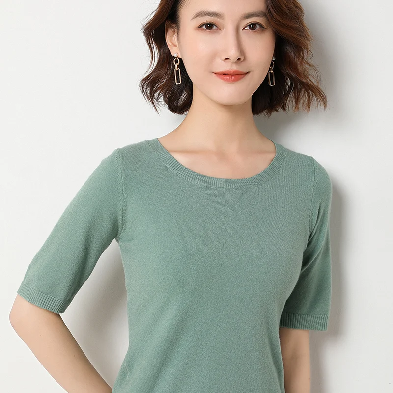 Spring summer new Short sleeve Cashmere sweater women\'s loose O-Neck knit bottoming shirt female pullover tops