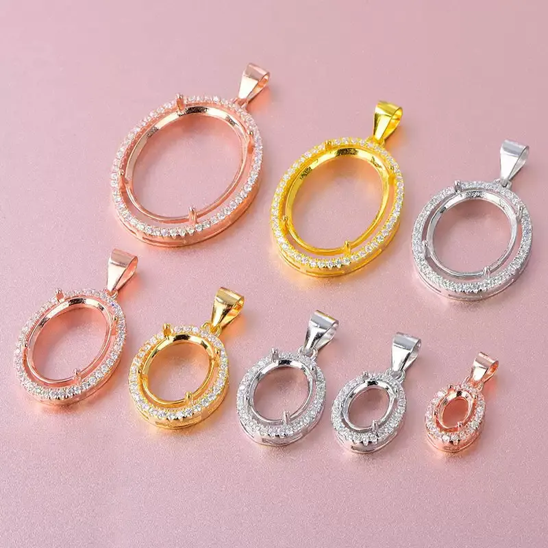 

All size pendant setting for jewelry DIY Simple design double-layer small zircon 925 silver necklace pendant setting