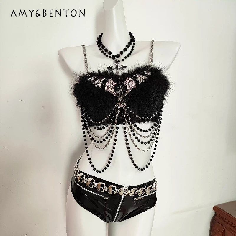 

European American Hot Girl Sexy Furry Female Tube Top Gothic Punk Design Chain PU Leather Ultra Short Leather Pants Sets Ladies