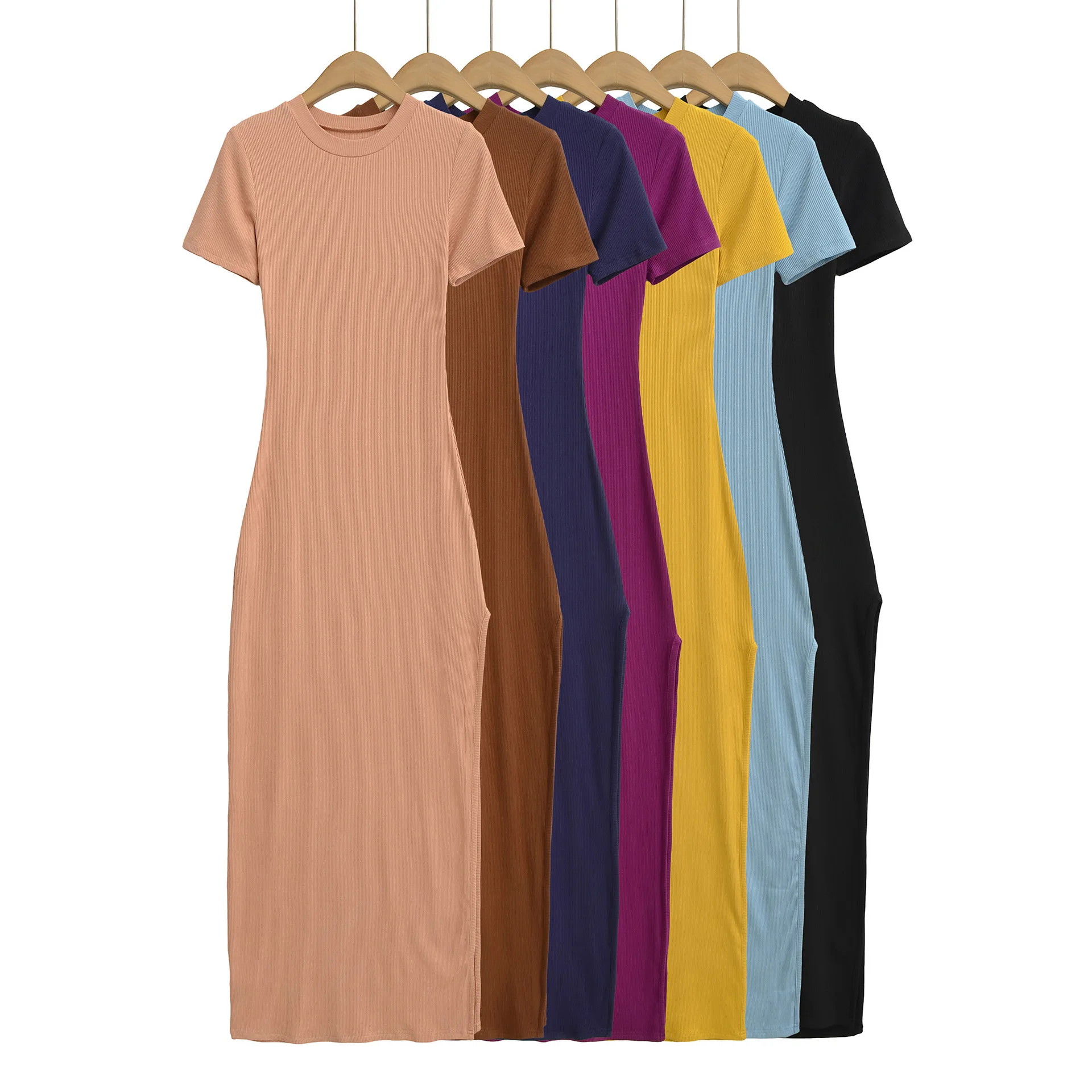 新作スパイシーガールスタイル ハイ スリット 半袖 無地 ロングワンピース レディース 夏新作 スリムウエスト ボディコン リブ編み Tシャツワンピース 428T