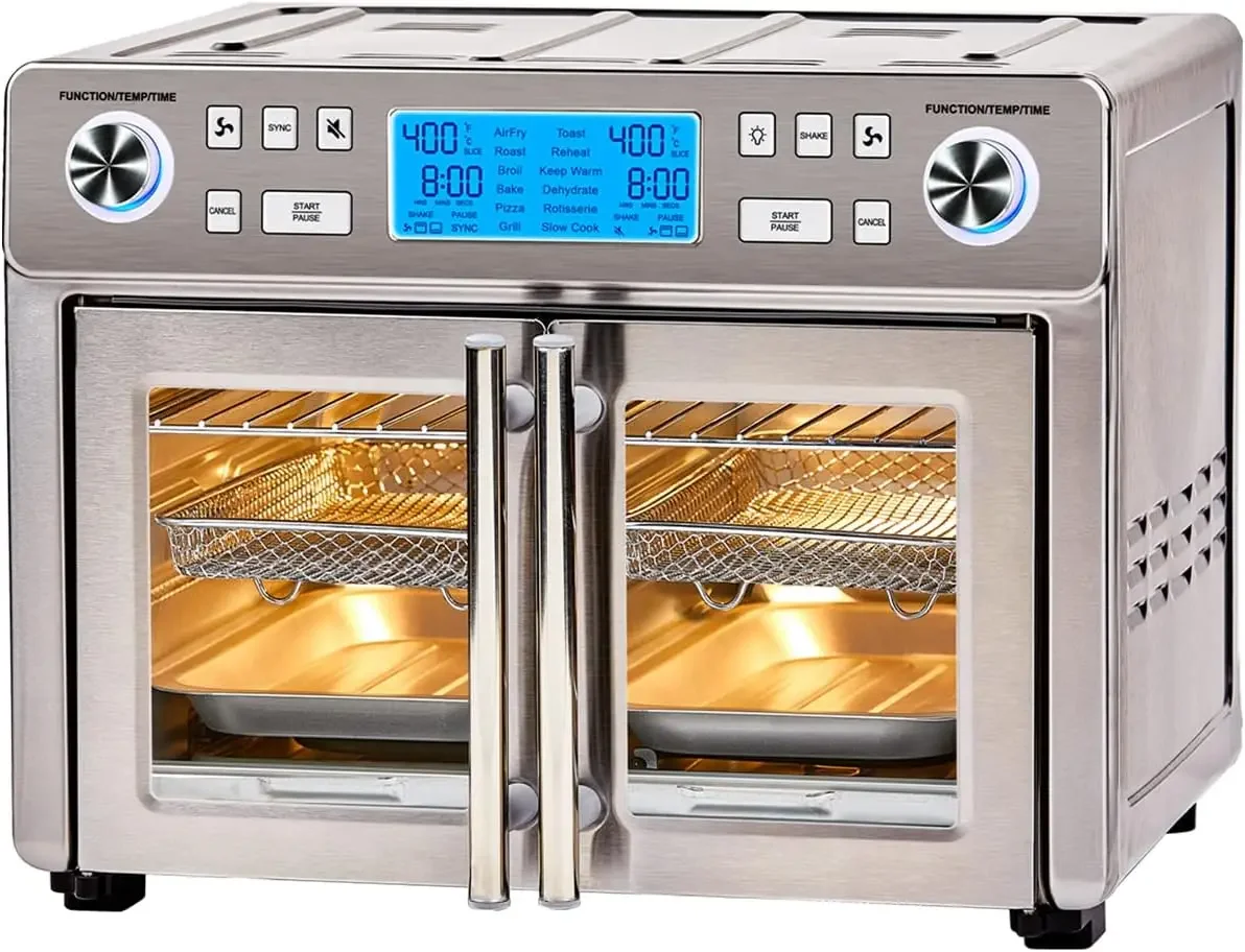 

Dual Zone 360 Air Fryer Oven Combo with French Door 25 QT Extra Large Cook Two Foods in Different Ways Up to 60 Faster from