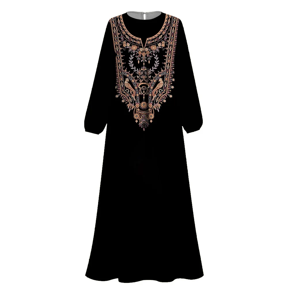 2024 Islamic Femme Abaya women Imitation Embroidery Print O-neck Abaya Muslim Dress Long Sleeves Dubai Turkey Saudi Casual Robe