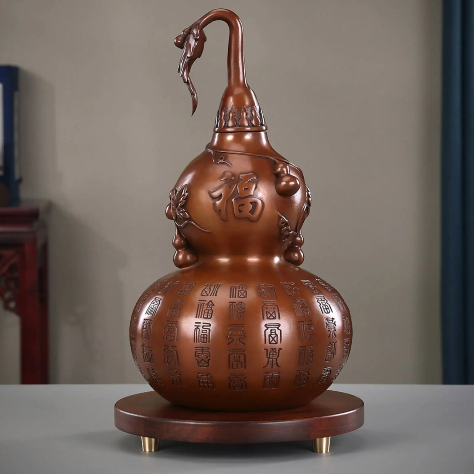 

Copper Gourd Statue Engraved Pattern Hollow Gourd Ornament Wealth Prosperity for Living Room, Entryway