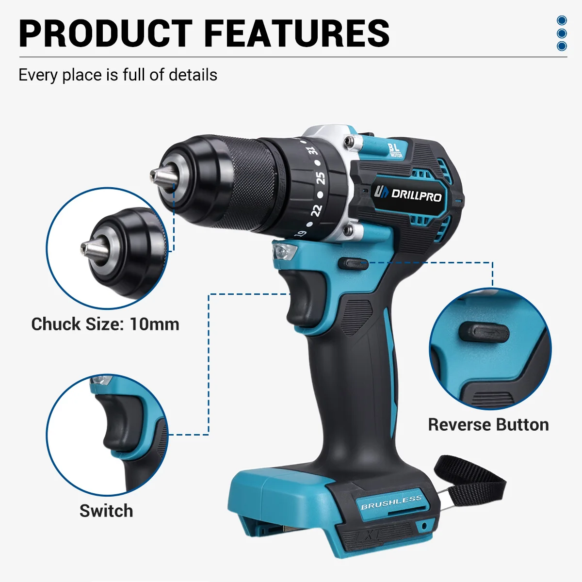 Drillpro Bürstenloser Akku-Elektrowerkzeugsatz 125mm Winkelschleifer Elektrohammer 10mm Schlagbohrmaschine 800N.m Elektroschrauber – Detail 9