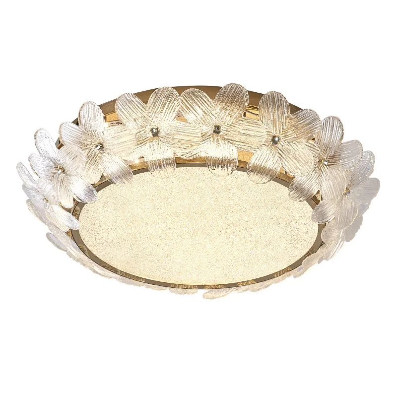 クリーム色の風の花びらが温かみのあるプリンセスルームの天井照明、フレンチロマンティッククリスタルフラワーラウンドライト、豪華なマスターベッドルームの天井照明