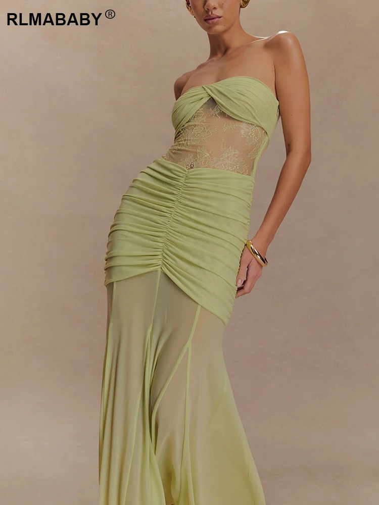 RLMABABY セクシーなパッチワークストラップレス女性スリムマキシドレス夏のレースメッシュスプライシングバックレスカットアウトシャーリングパーティーロングドレス