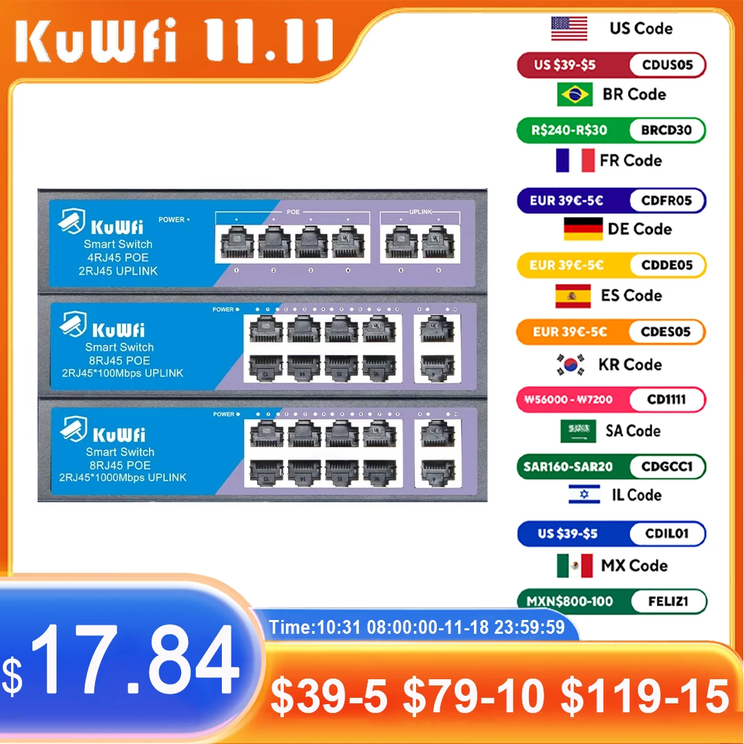 

KuWFi POE Switch 4/8 Ports 100Mbps Network Ethernet Switch with Fast RJ45 POE & Uplink Port for IP camera/Wireless AP