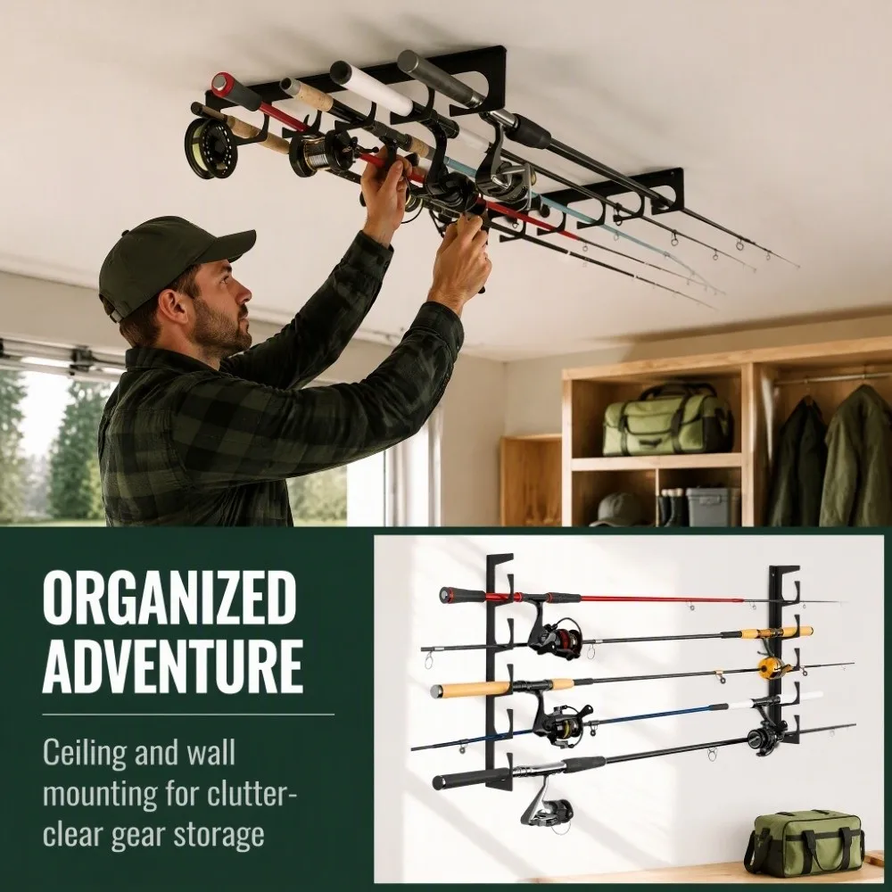 Wall Mounted Wall Mounted Fishing Rod Storage Rack Sturdy Structure Easy To Install Fishing Pole Organizer Holder Anti-Slip