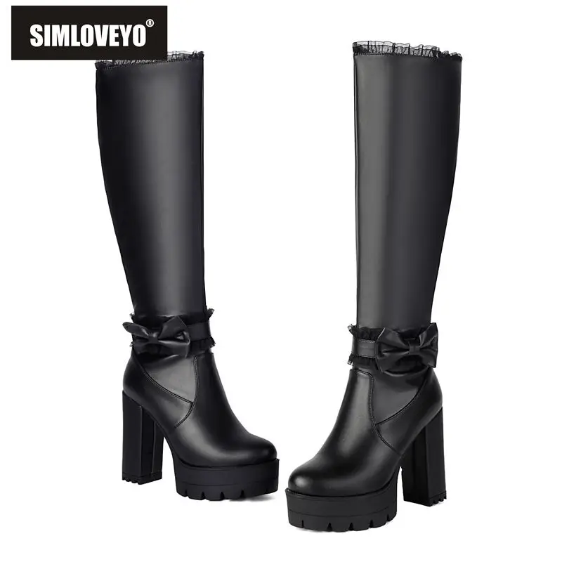 

SIMLOVEYO 2025 Sweet Women Knee High Boots Round Toe Chunky Heels 11cm Base 3.5cm Zipper Bowknot Big Size 48 49 50 US18