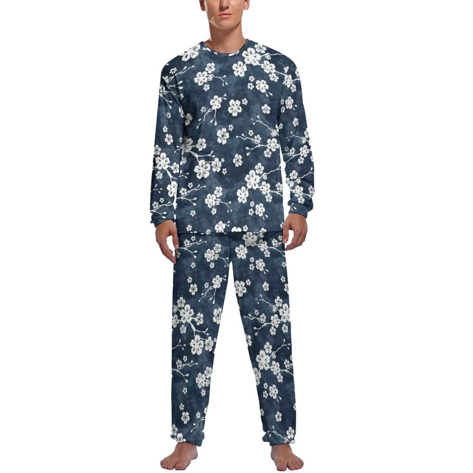 

Blue Fower Print Pajamas Autumn Two Piece Cherry Blossom Soft Pajamas Set Men Long Sleeve Casual Printed Nightwear