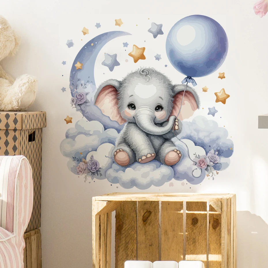 Pegatinas de pared de Luna y elefante de dibujos animados azules para habitación de niños, decoración para habitación de niños, decoración para sala