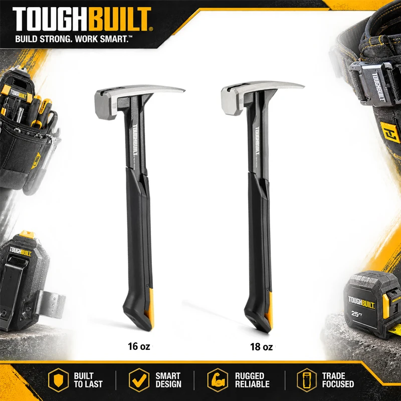 ToughBuilt TB-H1-1R-S16/TB-H1-1R-S18 16OZ And 18OZ Claw Hammers With Shock-Absorbing Handles. Professional Woodworking And Const